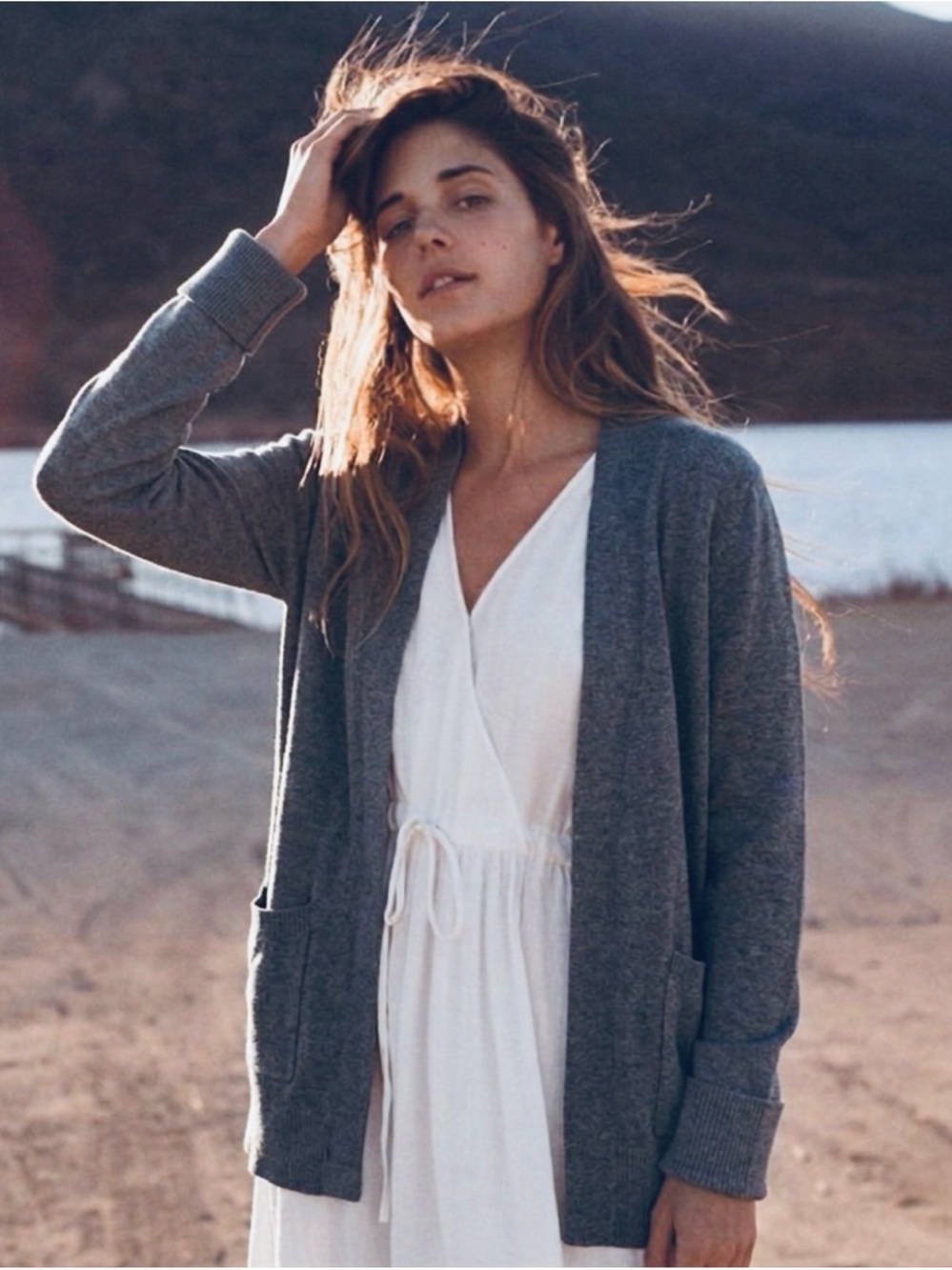 Max Studio Merino Wool Blend Open Front Cardigan XS Gray Pockets Grey Classic